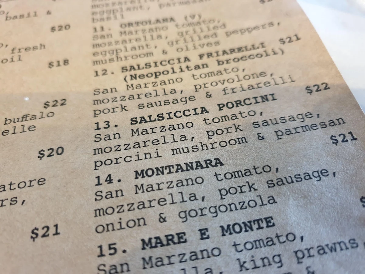 Menu, Pizza d'Asporto