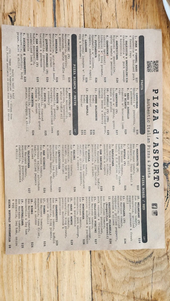 Menu, Pizza d'Asporto