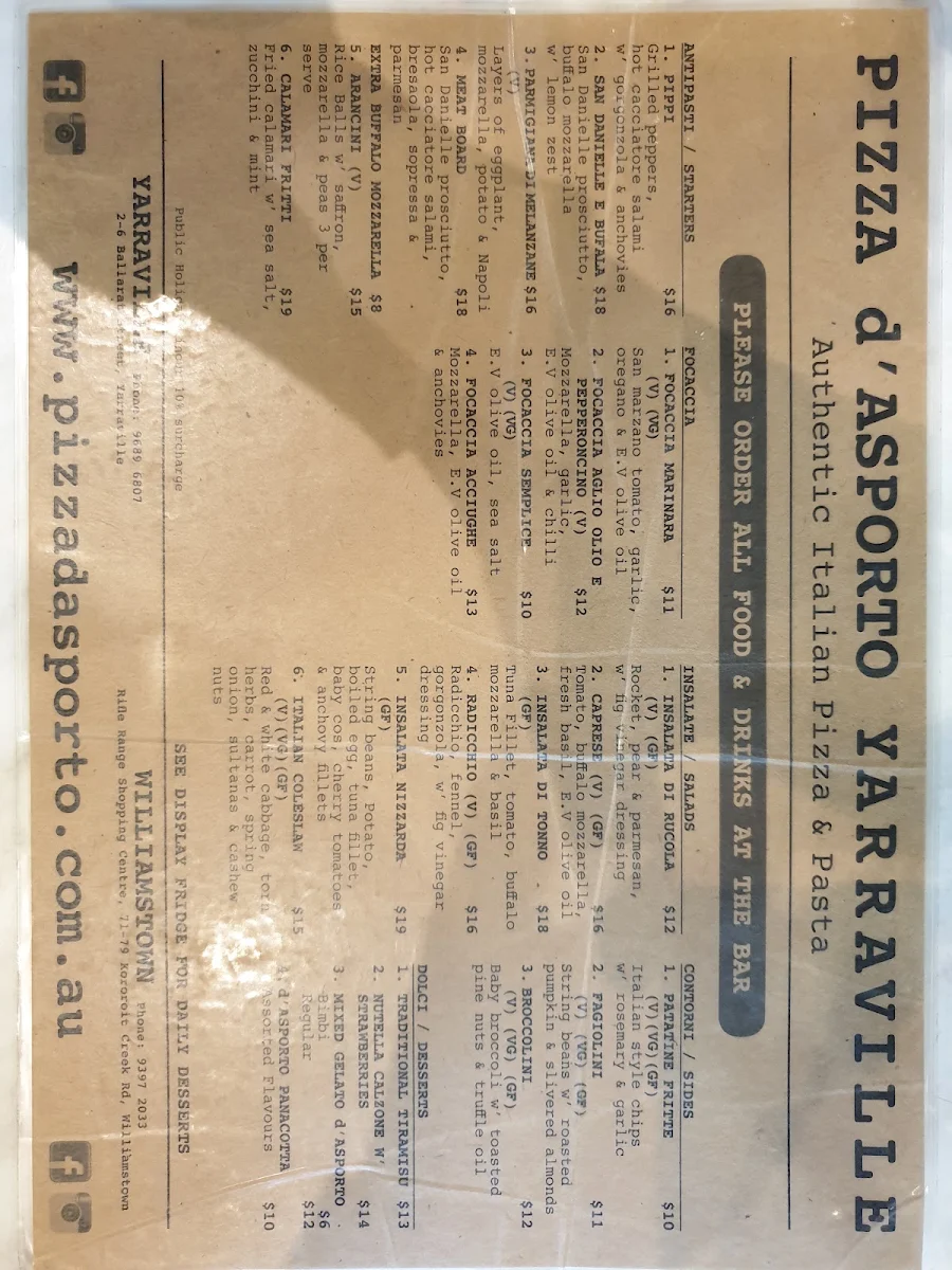 Menu, Pizza d'Asporto
