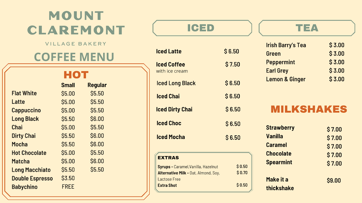 Menu, Mount Claremont Village Bakery