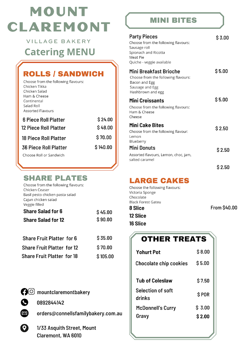 Menu, Mount Claremont Village Bakery