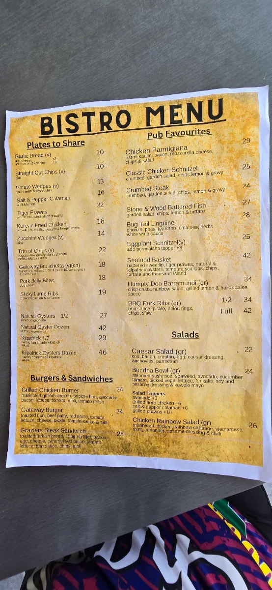 Menu, Gateway Hotel