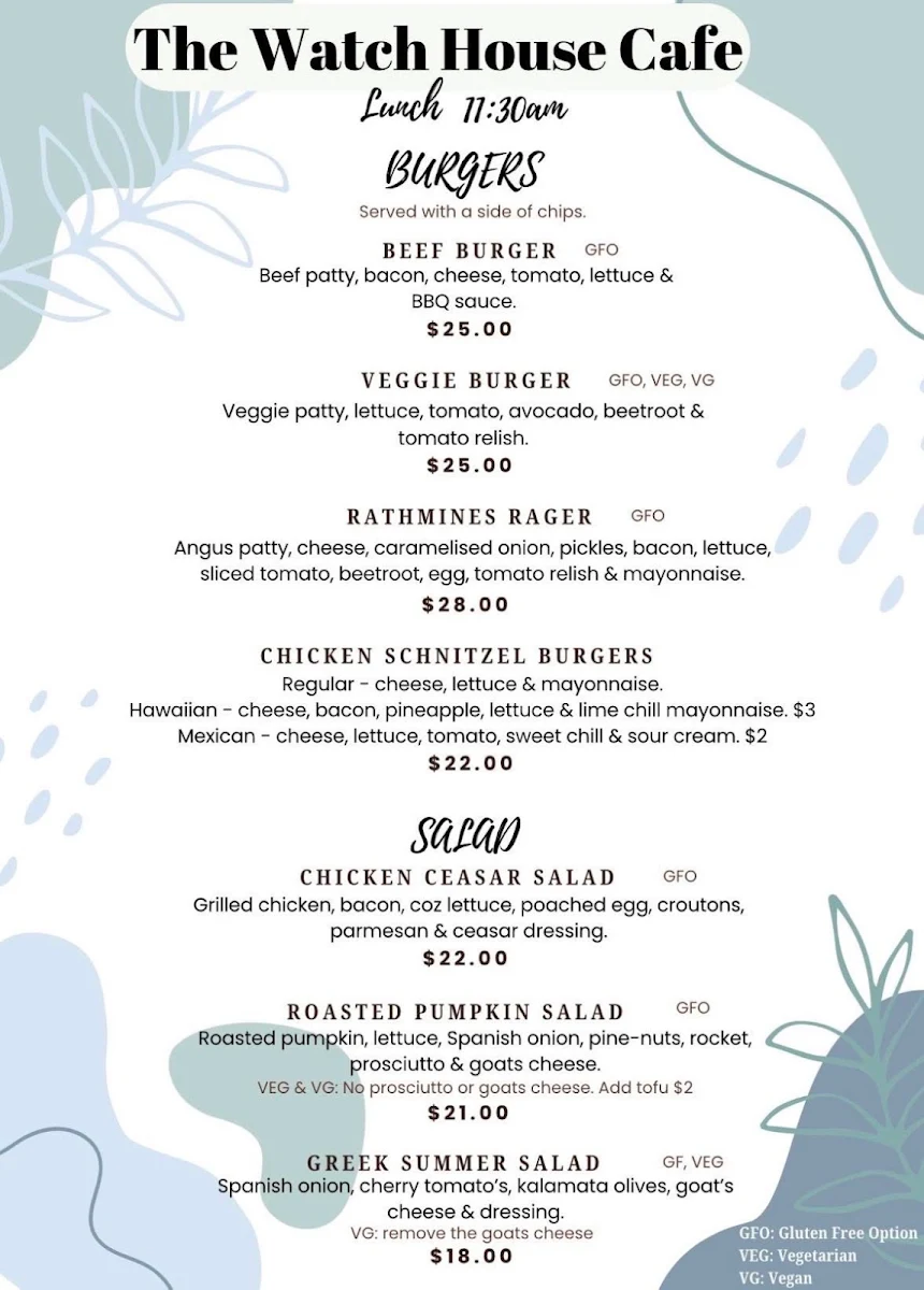 Menu, The Watch House Cafe & Pizzeria