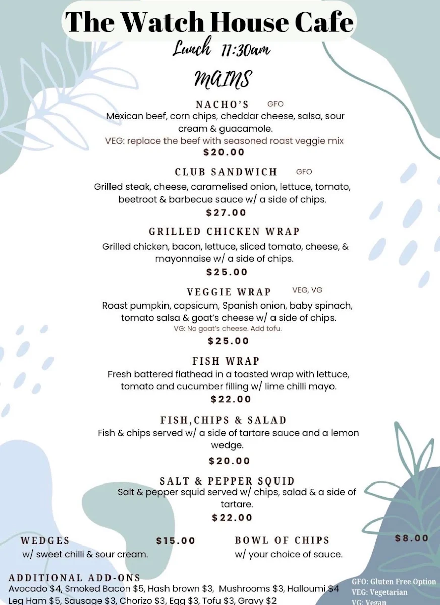 Menu, The Watch House Cafe & Pizzeria