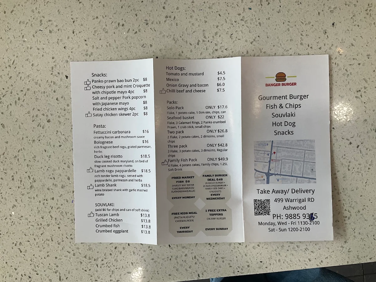 Menu, Banger Burger & Flake Eatery