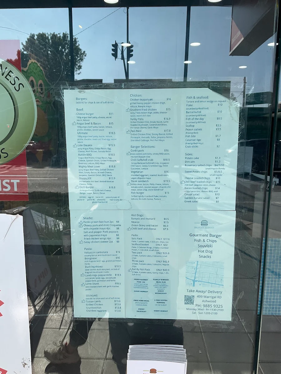 Menu, Banger Burger & Flake Eatery