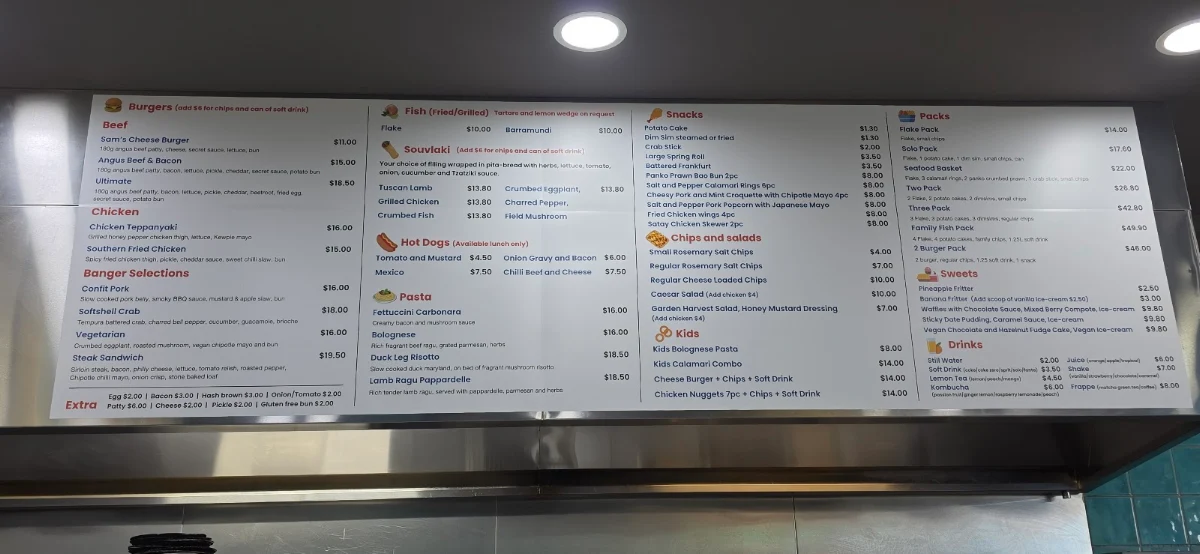Menu, Banger Burger & Flake Eatery