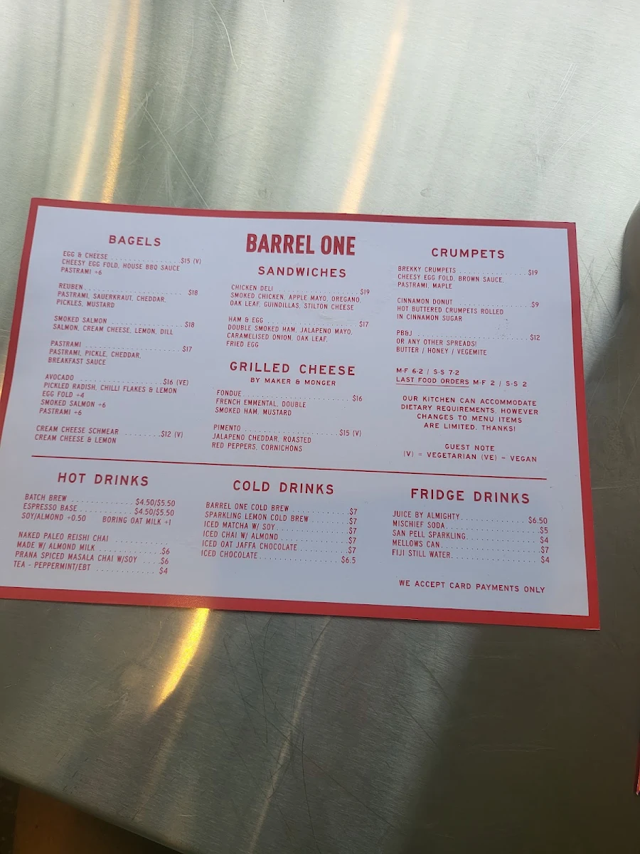 Menu, Barrel One Coffee Roasters Lane Cove