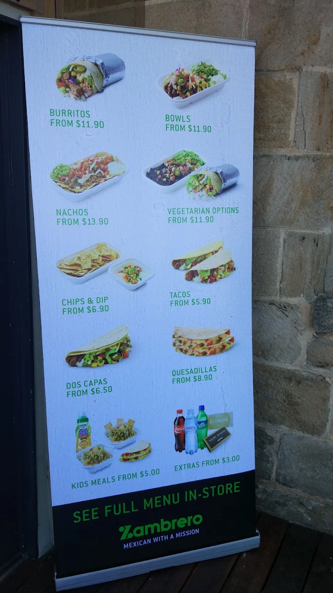 Menu, Zambrero Lithgow