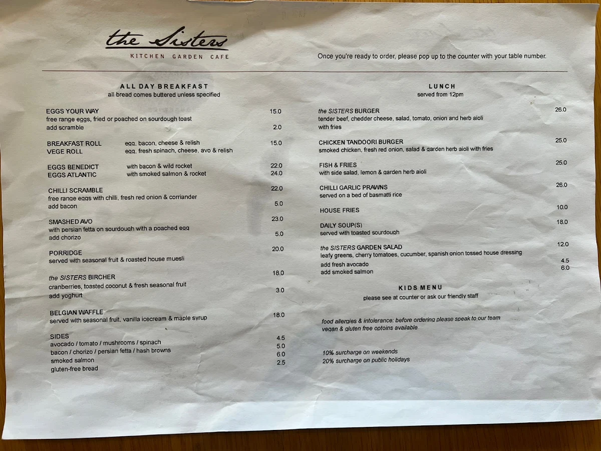 Menu, The Sisters Kitchen Garden Cafe