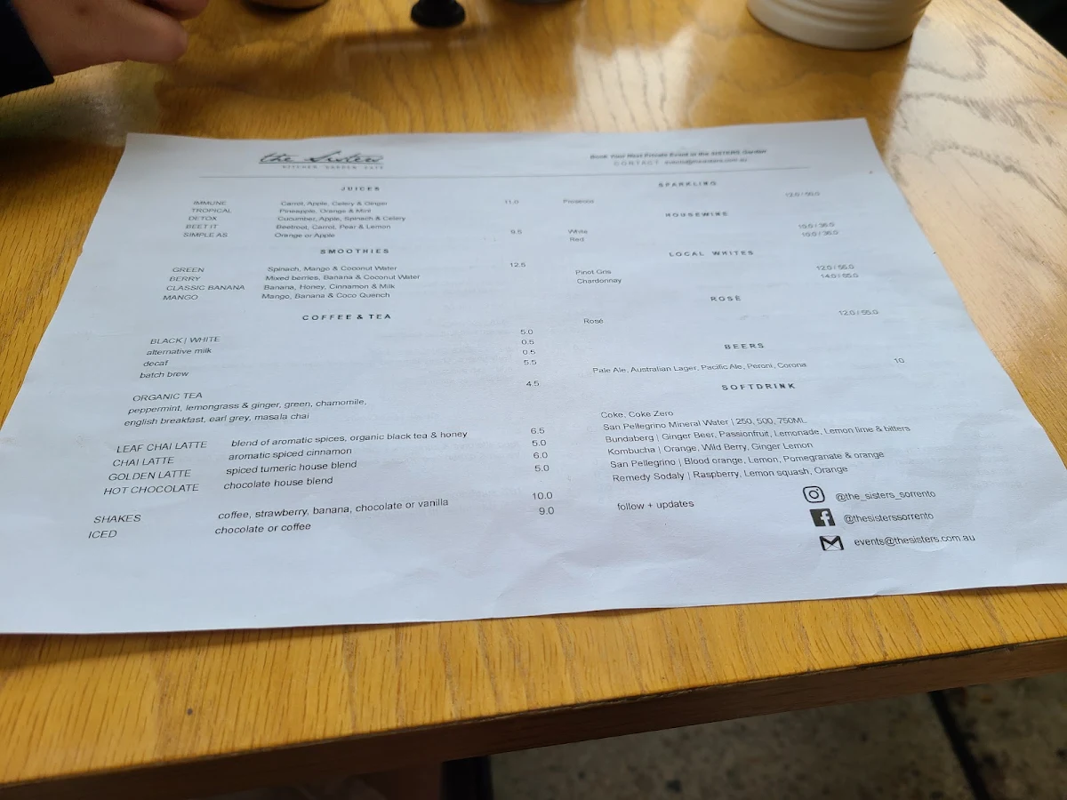 Menu, The Sisters Kitchen Garden Cafe