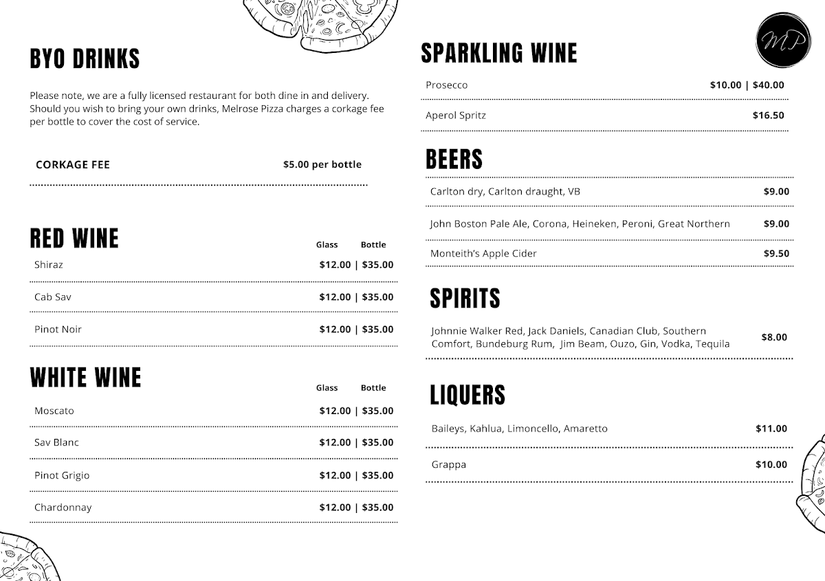 Menu, Melrose Pizza