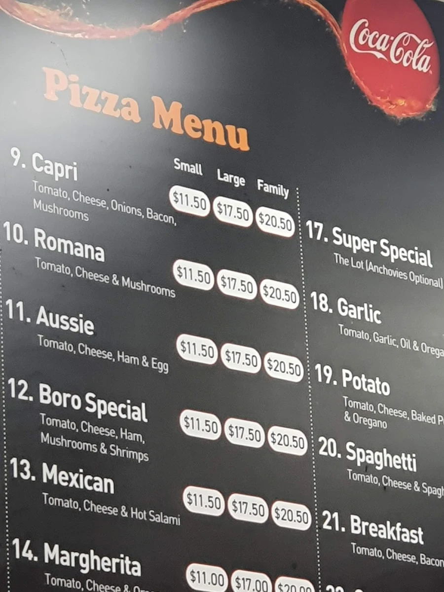 Menu, Melrose Pizza