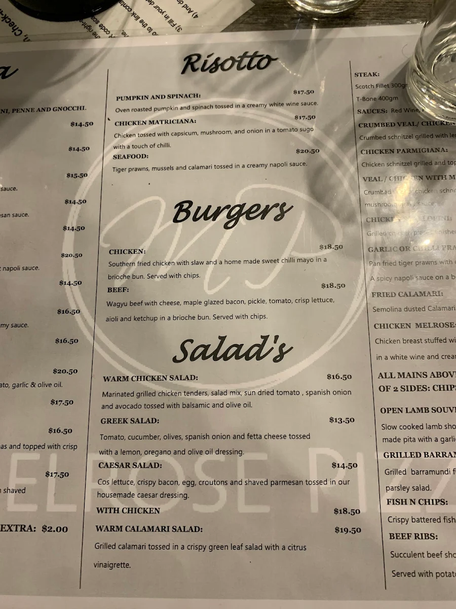 Menu, Melrose Pizza