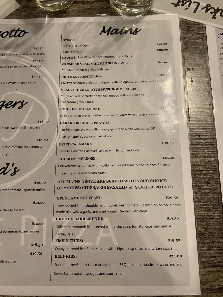 Menu, Melrose Pizza