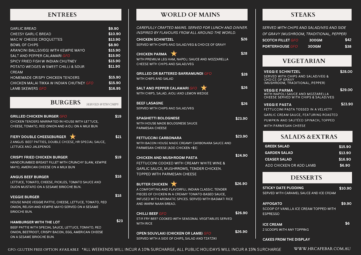 Menu, HR Cafe & Bar