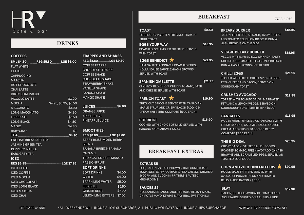 Menu, HR Cafe & Bar