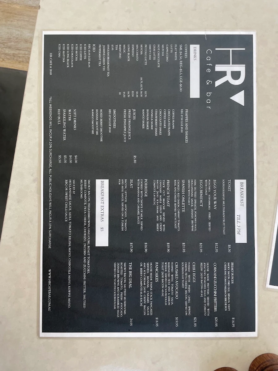 Menu, HR Cafe & Bar