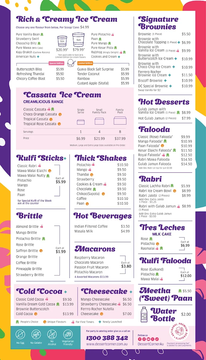 Menu, Dessert Corner On Wheels Clayton