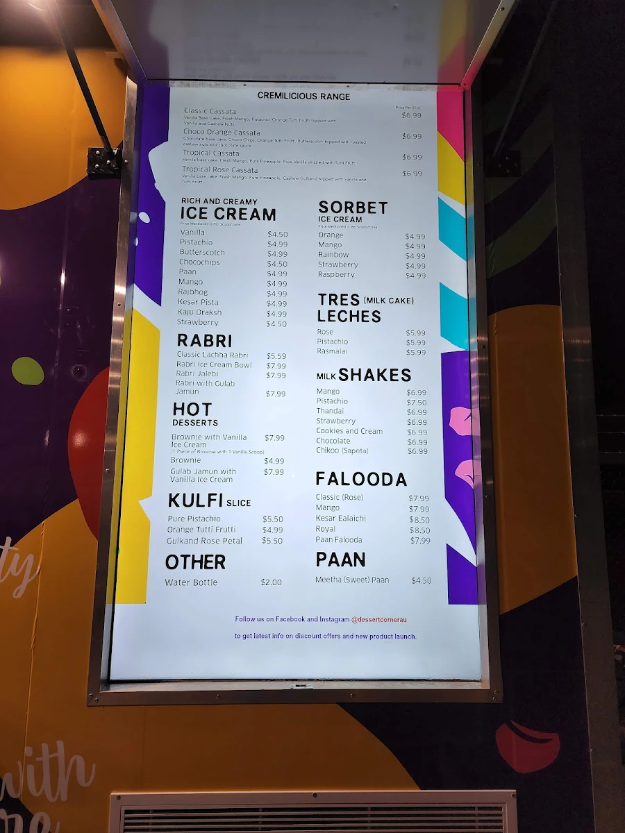 Menu, Dessert Corner On Wheels Clayton
