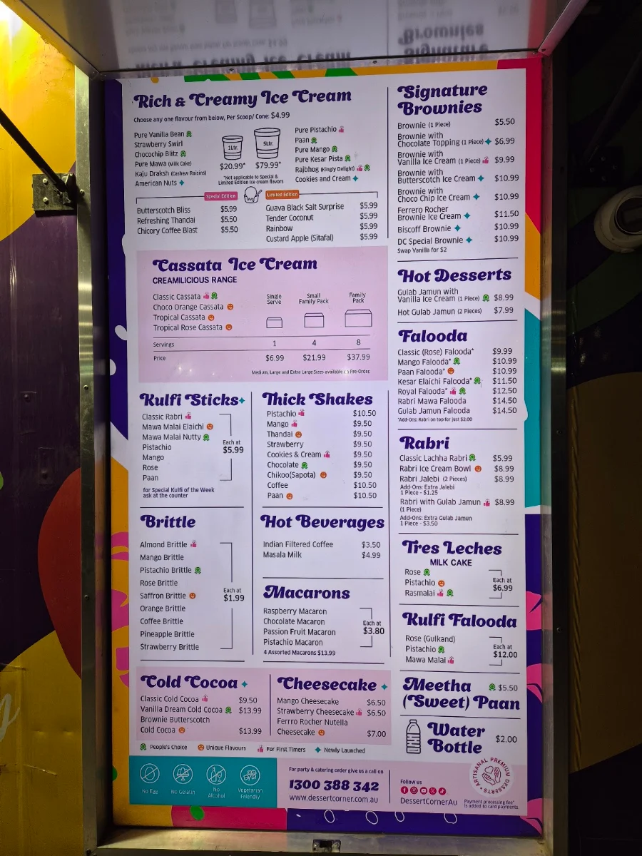 Menu, Dessert Corner On Wheels Clayton