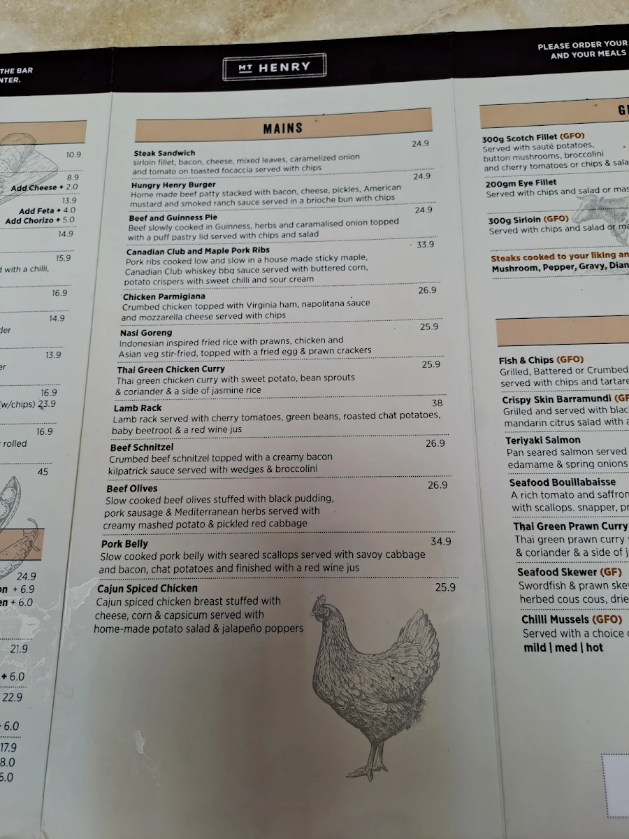 Menu, Mount Henry Tavern