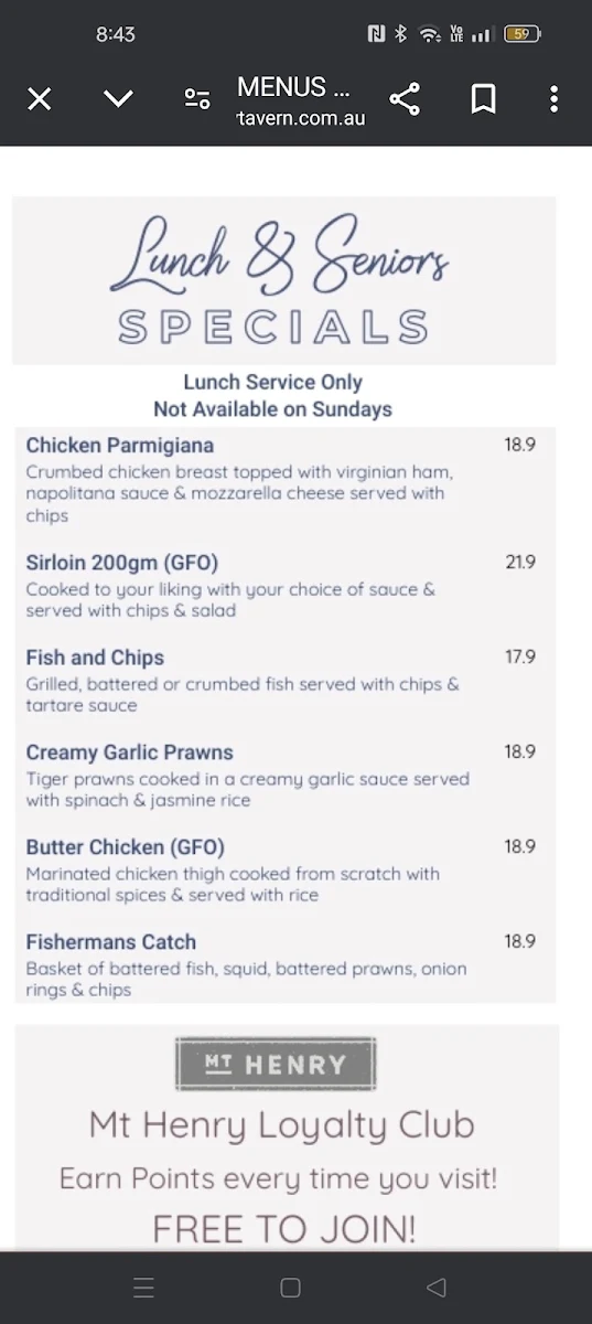 Menu, Mount Henry Tavern