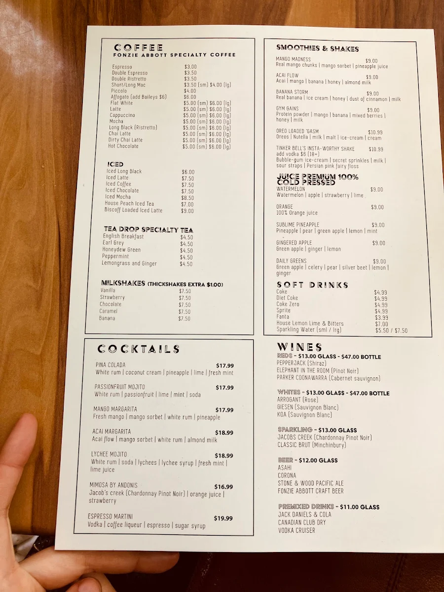Menu, Andonis Cafe & Bar, Fortitude Valley