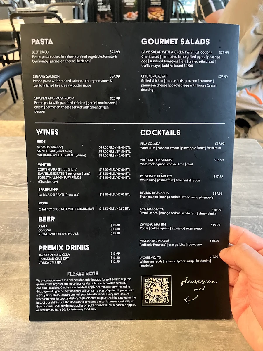 Menu, Andonis Cafe & Bar, Fortitude Valley
