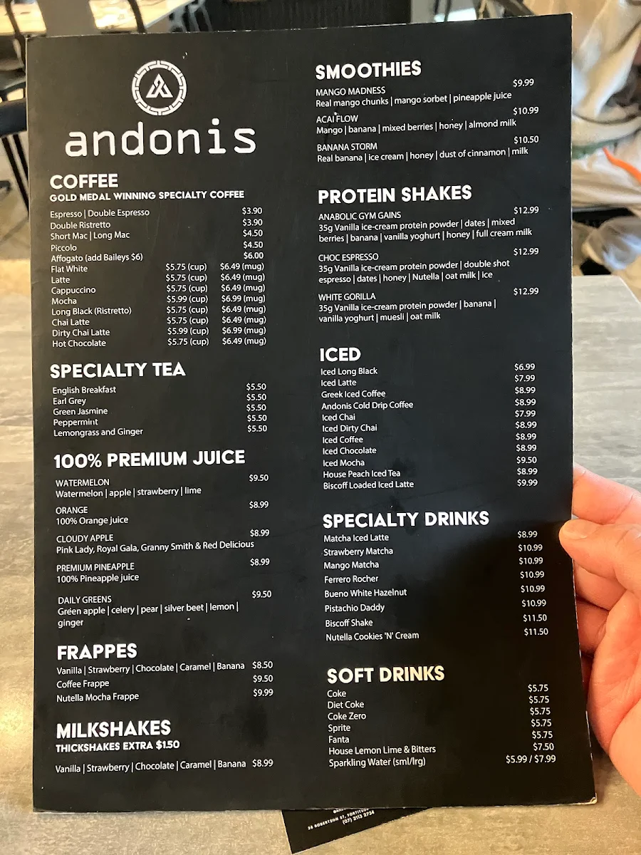 Menu, Andonis Cafe & Bar, Fortitude Valley