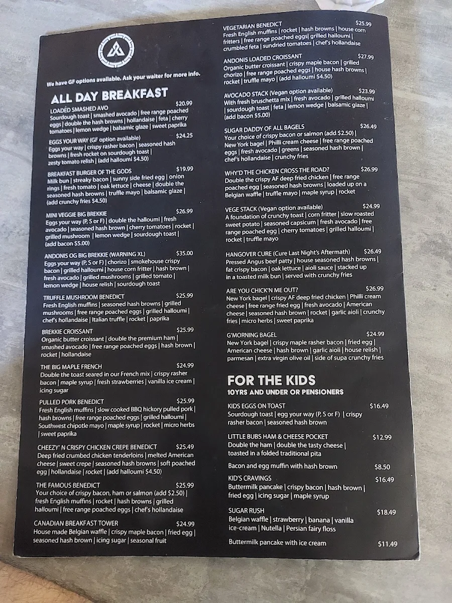 Menu, Andonis Cafe & Bar, Fortitude Valley