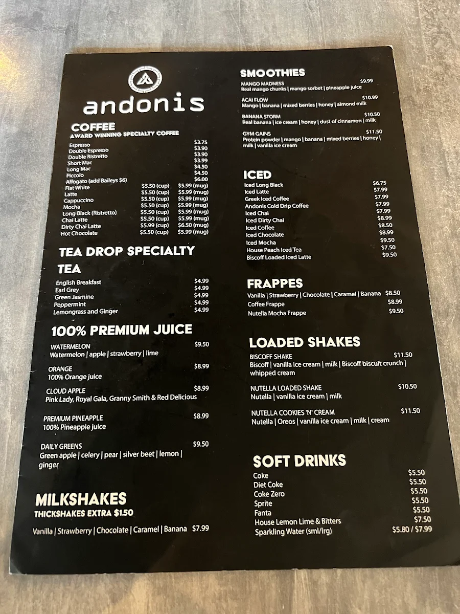 Menu, Andonis Cafe & Bar, Fortitude Valley