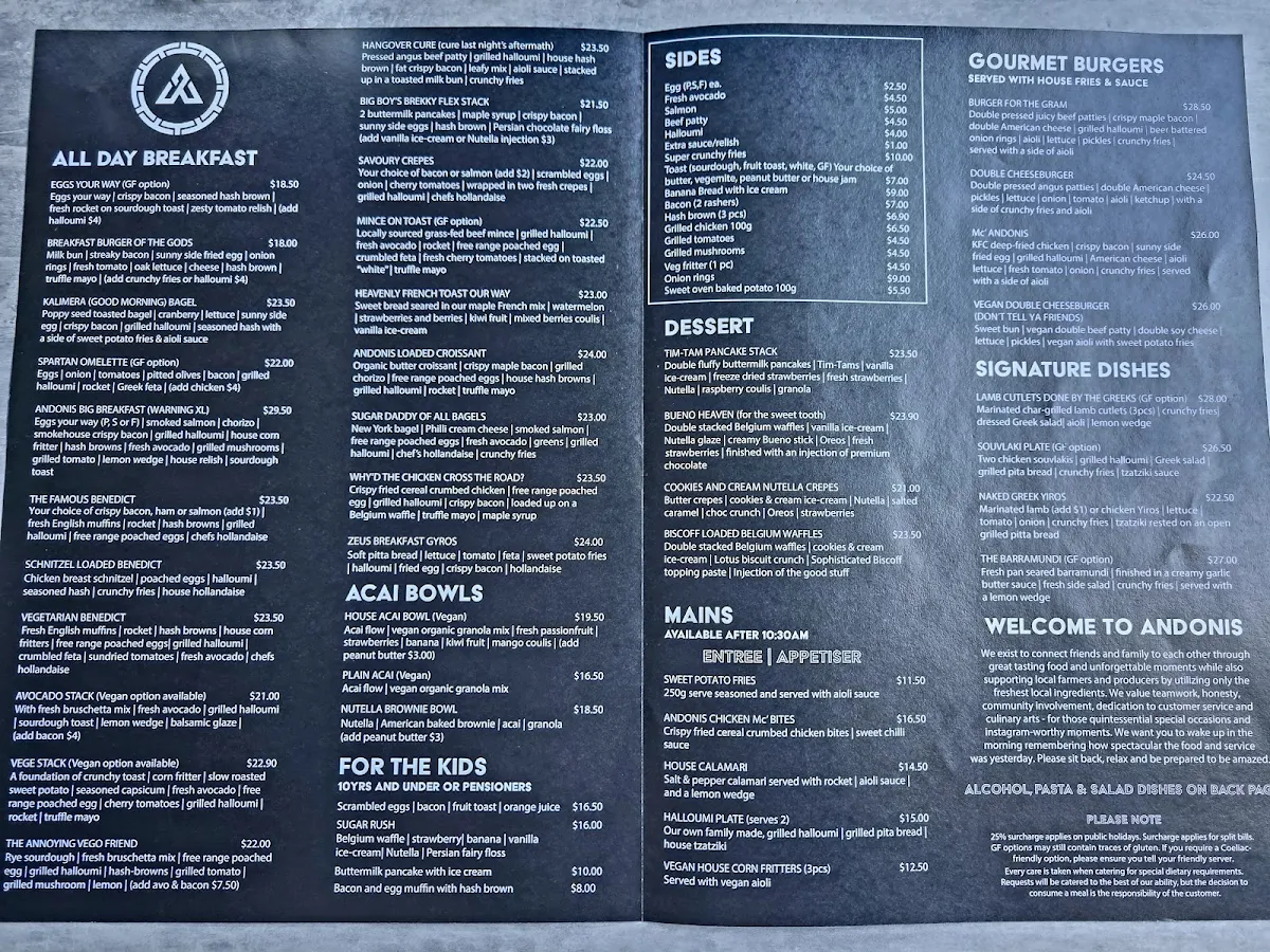 Menu, Andonis Cafe & Bar, Fortitude Valley