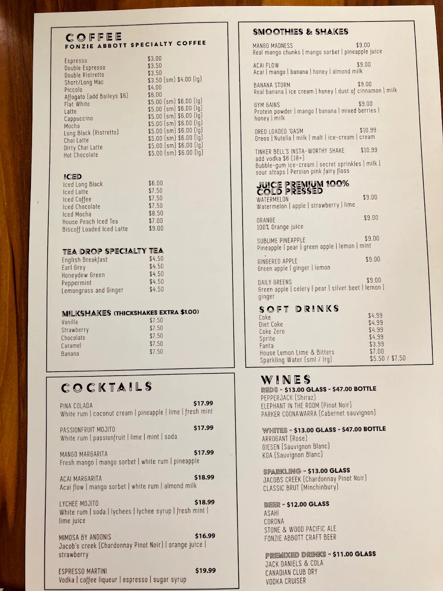 Menu, Andonis Cafe & Bar, Fortitude Valley