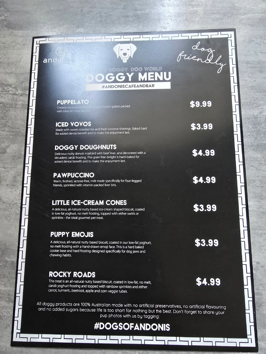 Menu, Andonis Cafe & Bar, Fortitude Valley