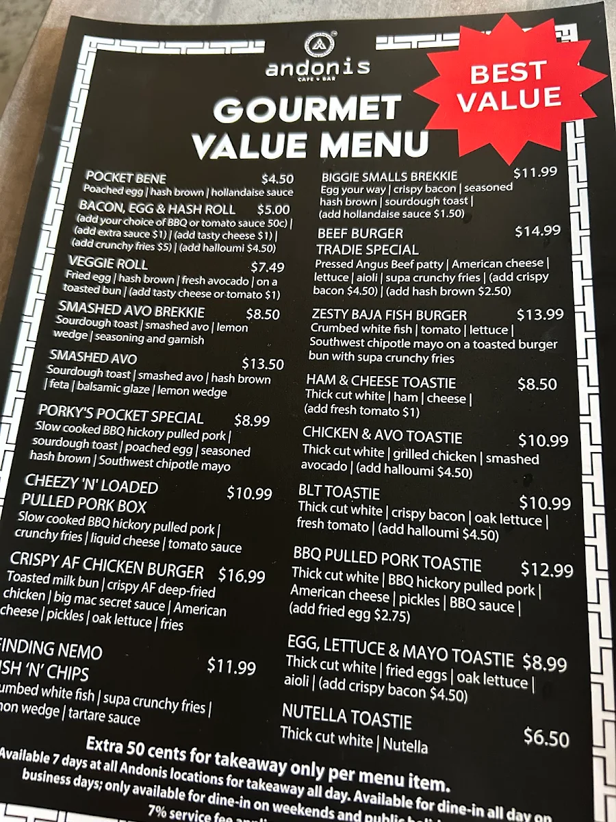 Menu, Andonis Cafe & Bar, Fortitude Valley