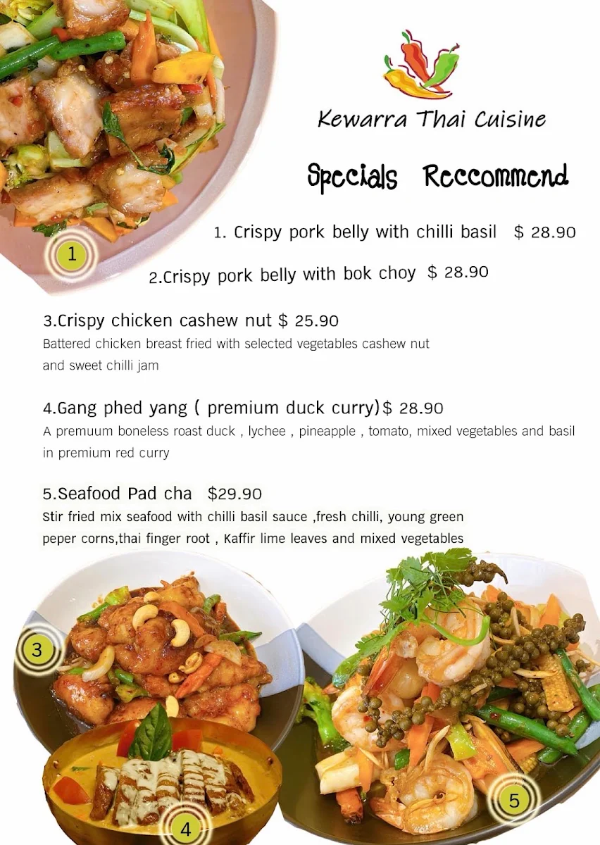 Menu, Kewarra Thai Cuisine