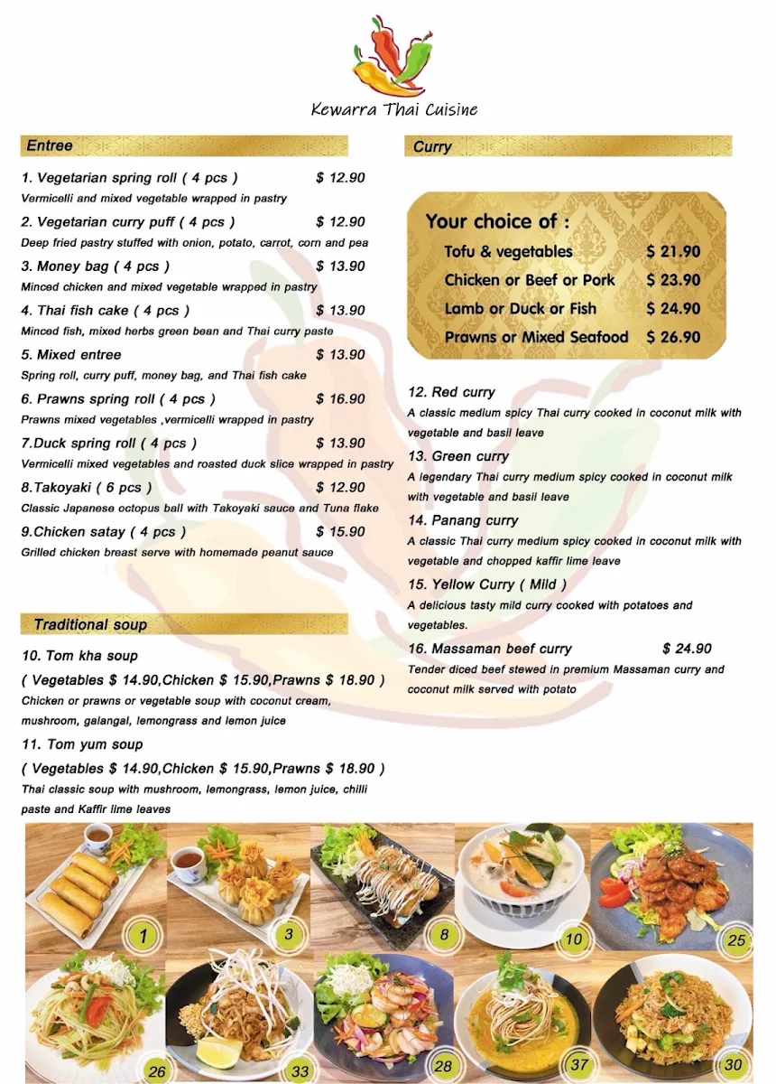 Menu, Kewarra Thai Cuisine