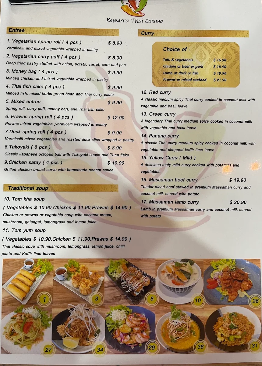 Menu, Kewarra Thai Cuisine