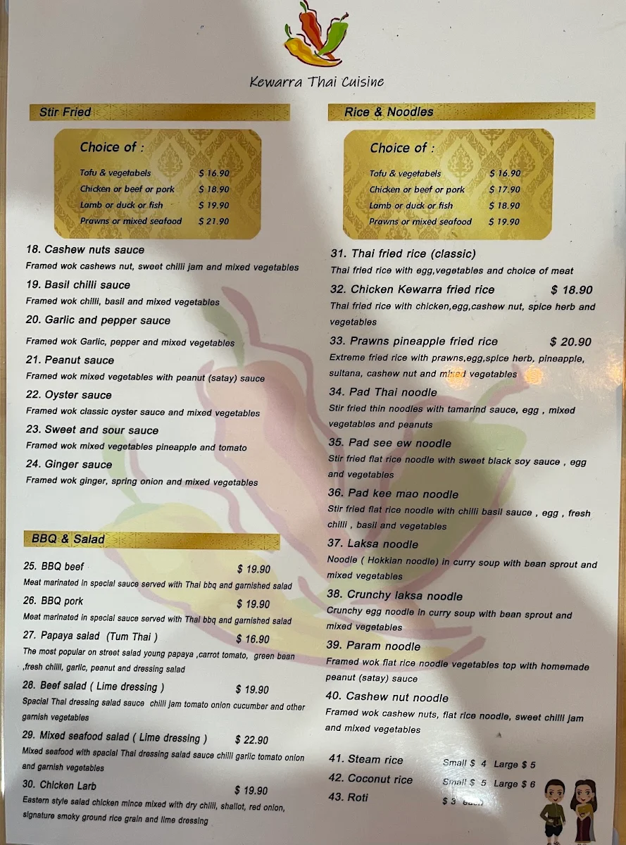 Menu, Kewarra Thai Cuisine