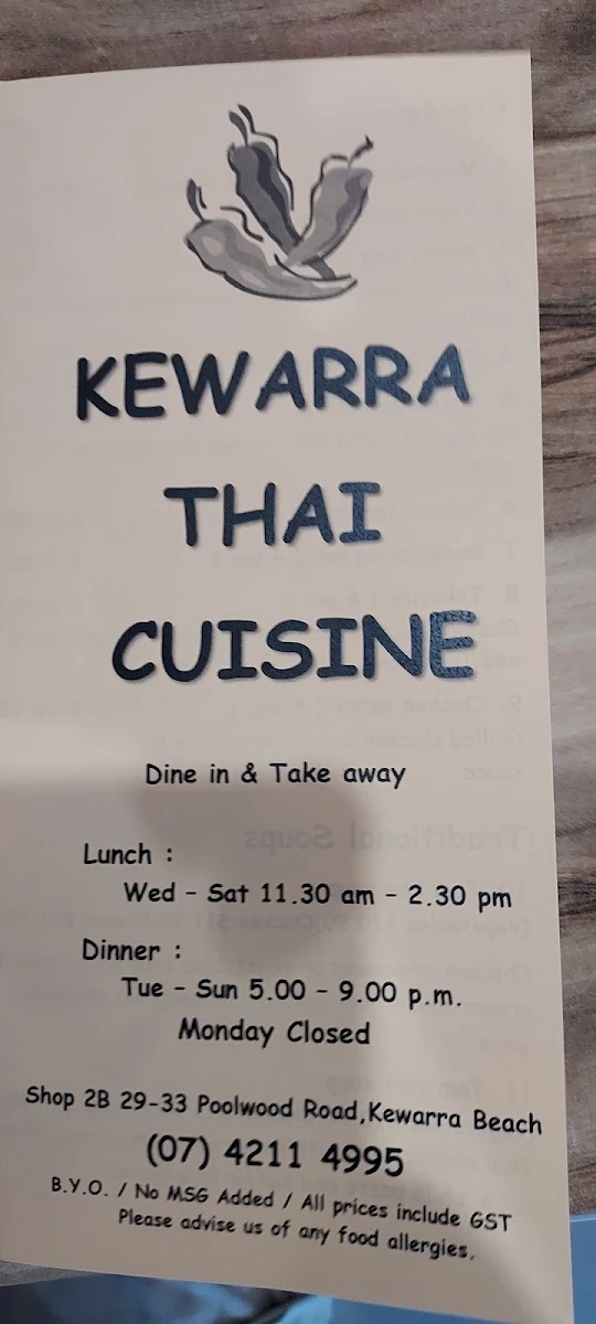 Menu, Kewarra Thai Cuisine