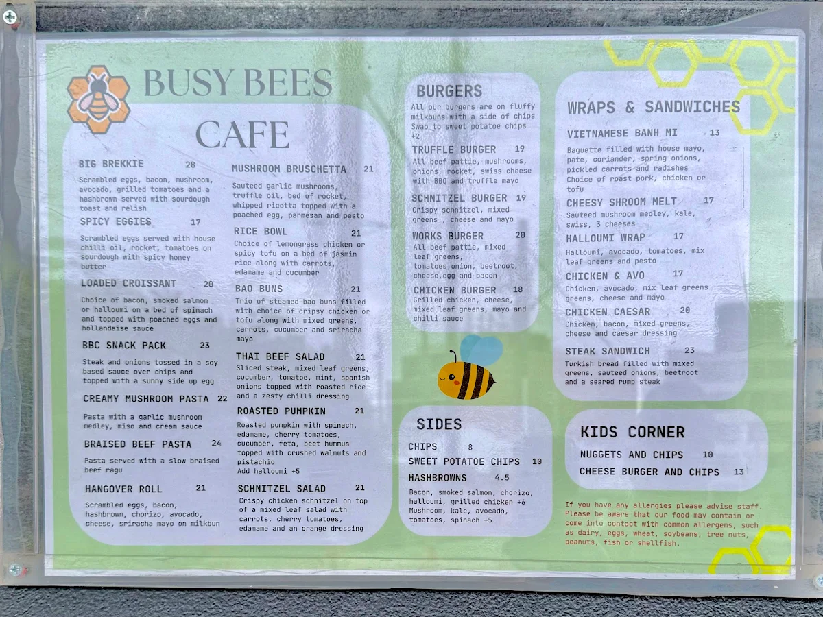 Menu, Busy Bees Cafe