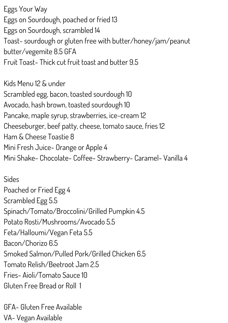 Menu, Mitch & Co Cafe