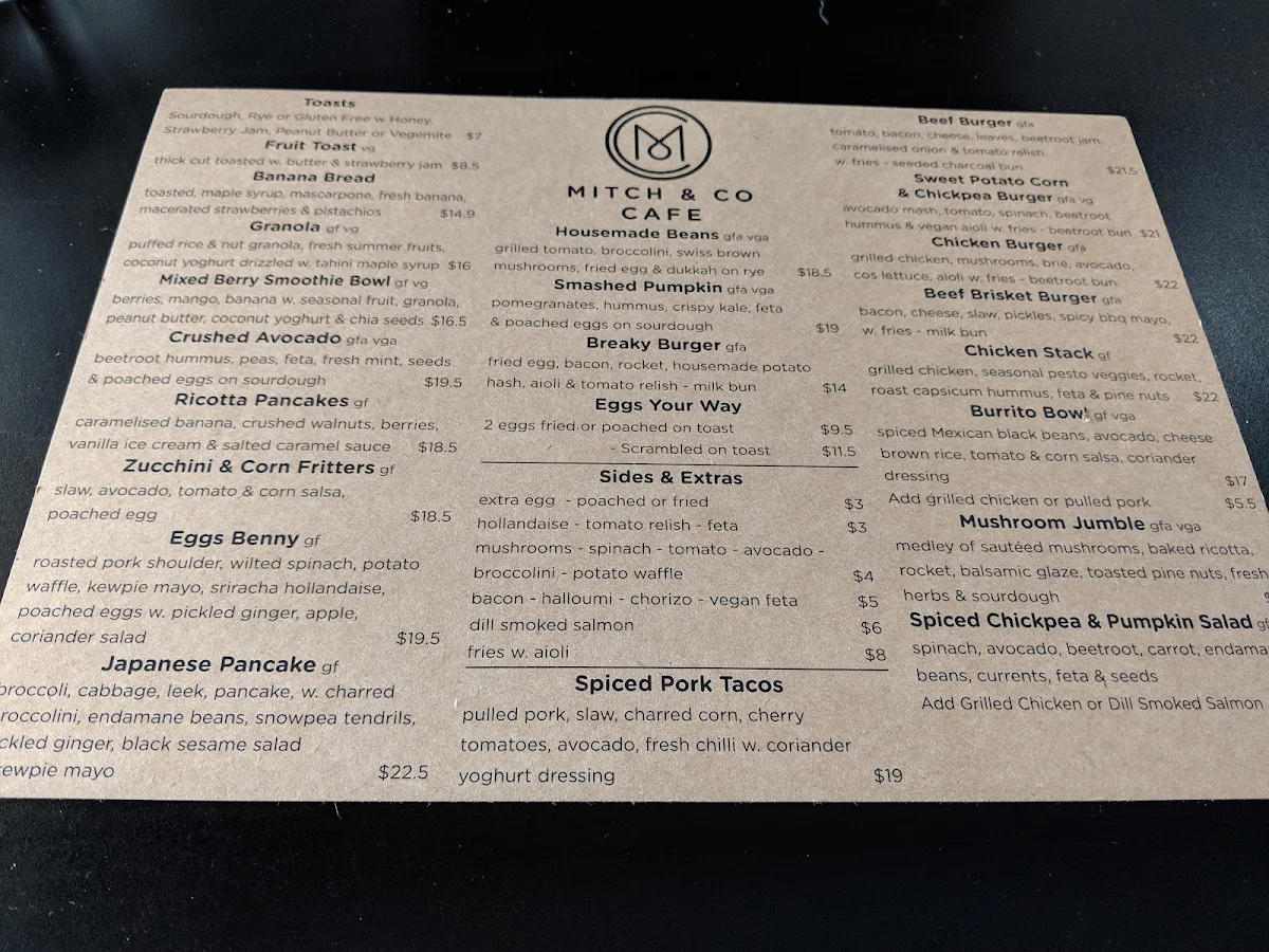 Menu, Mitch & Co Cafe