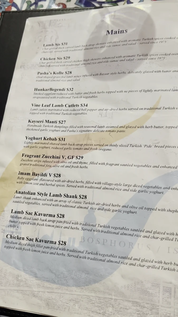 Menu, Pasha's Restaurant