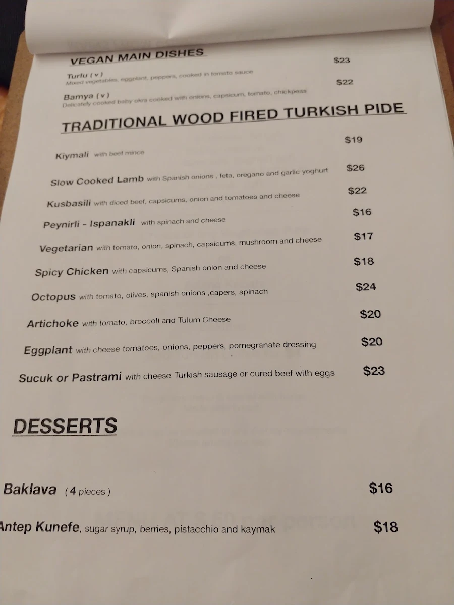 Menu, Pasha's Restaurant