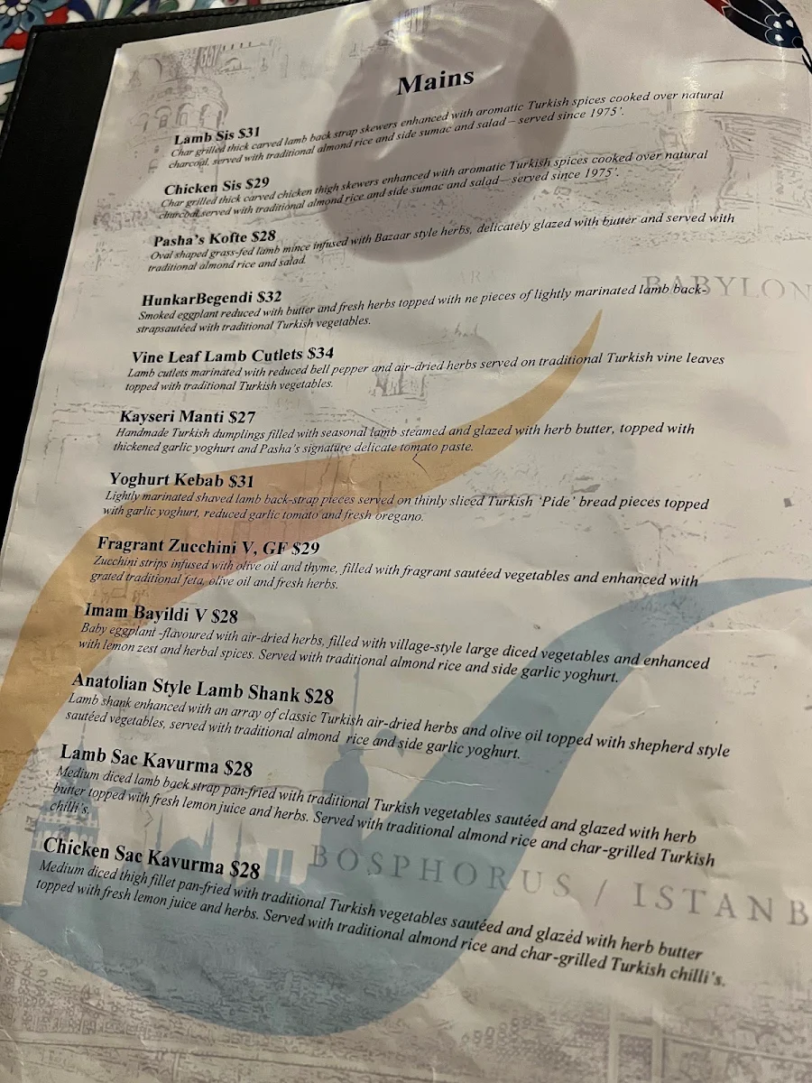 Menu, Pasha's Restaurant