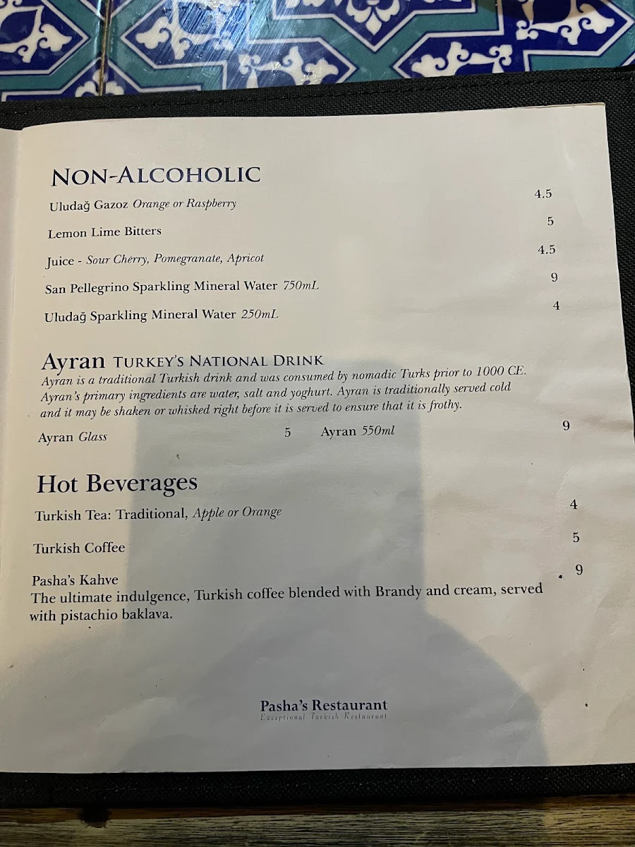 Menu, Pasha's Restaurant