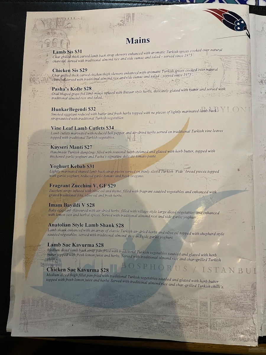 Menu, Pasha's Restaurant