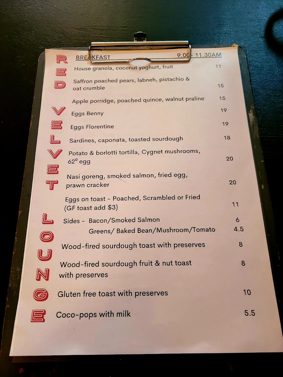 Menu, Red Velvet Lounge
